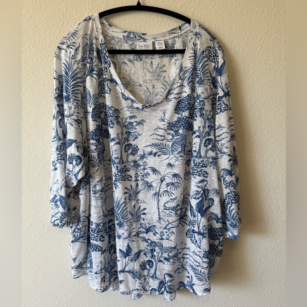 Nicole Miller NY Linen Tropical Leaf Top 3X Blue White 3/4 Sleeve Lightweight